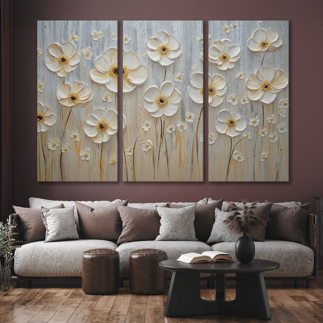Canvas Print of textured white flower art in neutral tones, perfect for modern home decor.