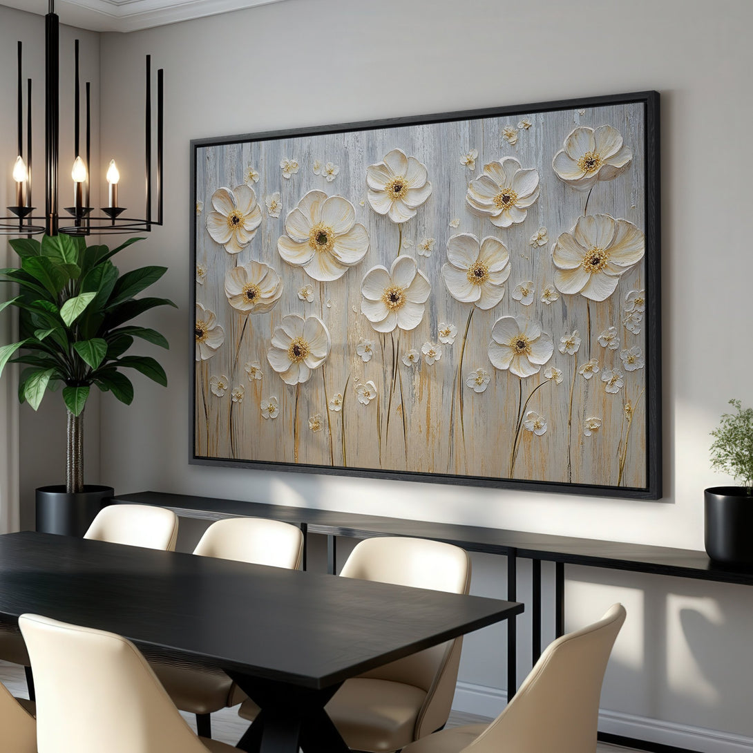 Framed Wall Art: Elegant floral canvas print in neutral tones. Modern style, perfect for dining rooms. Shop now for stunning wall decor!