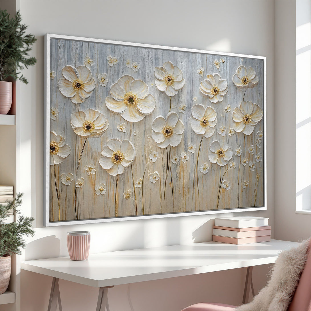 Framed Wall Art featuring textured white flowers on a neutral background. Modern floral art in a soothing, minimalist color palette. Perfect for home decor.