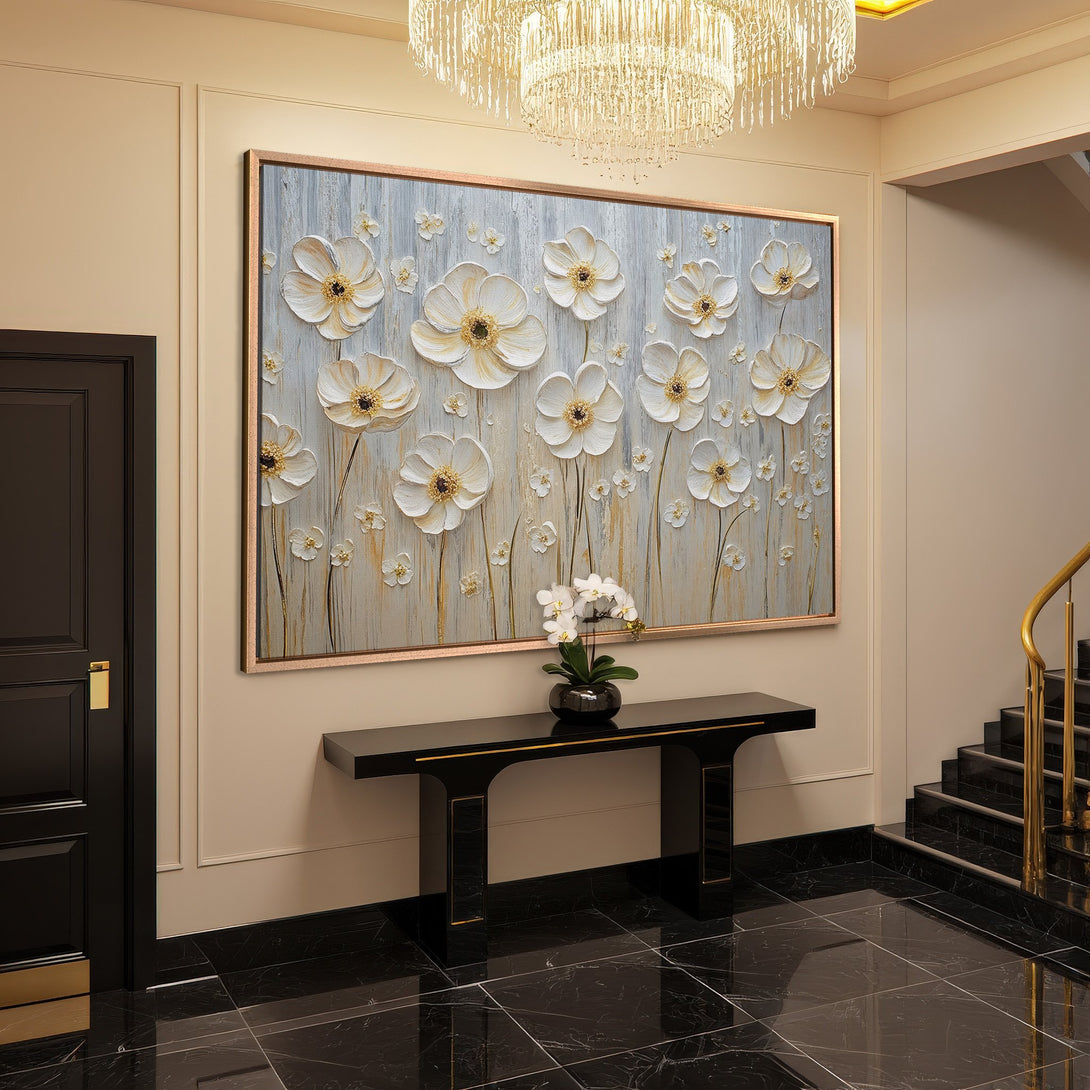 Framed Wall Art: Elegant floral canvas print in neutral tones, perfect for modern home decor. Adds a touch of sophistication to any space.