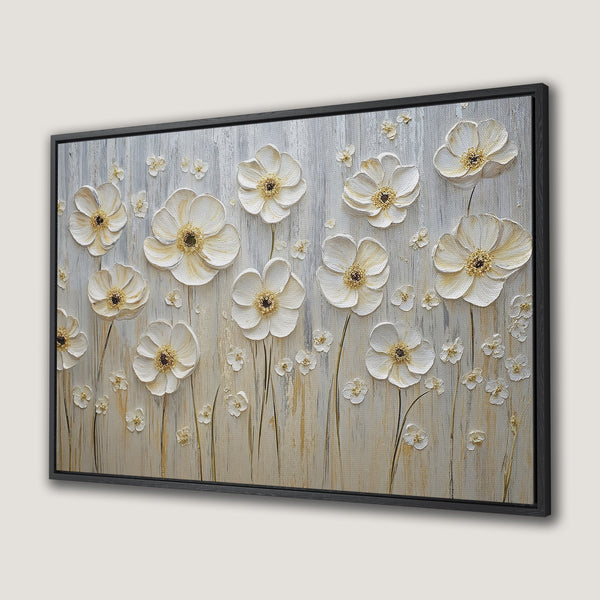 Framed Wall Art: Textured white flower Canvas Print with gold accents on a neutral gray and beige background. Modern floral art for home decor.
