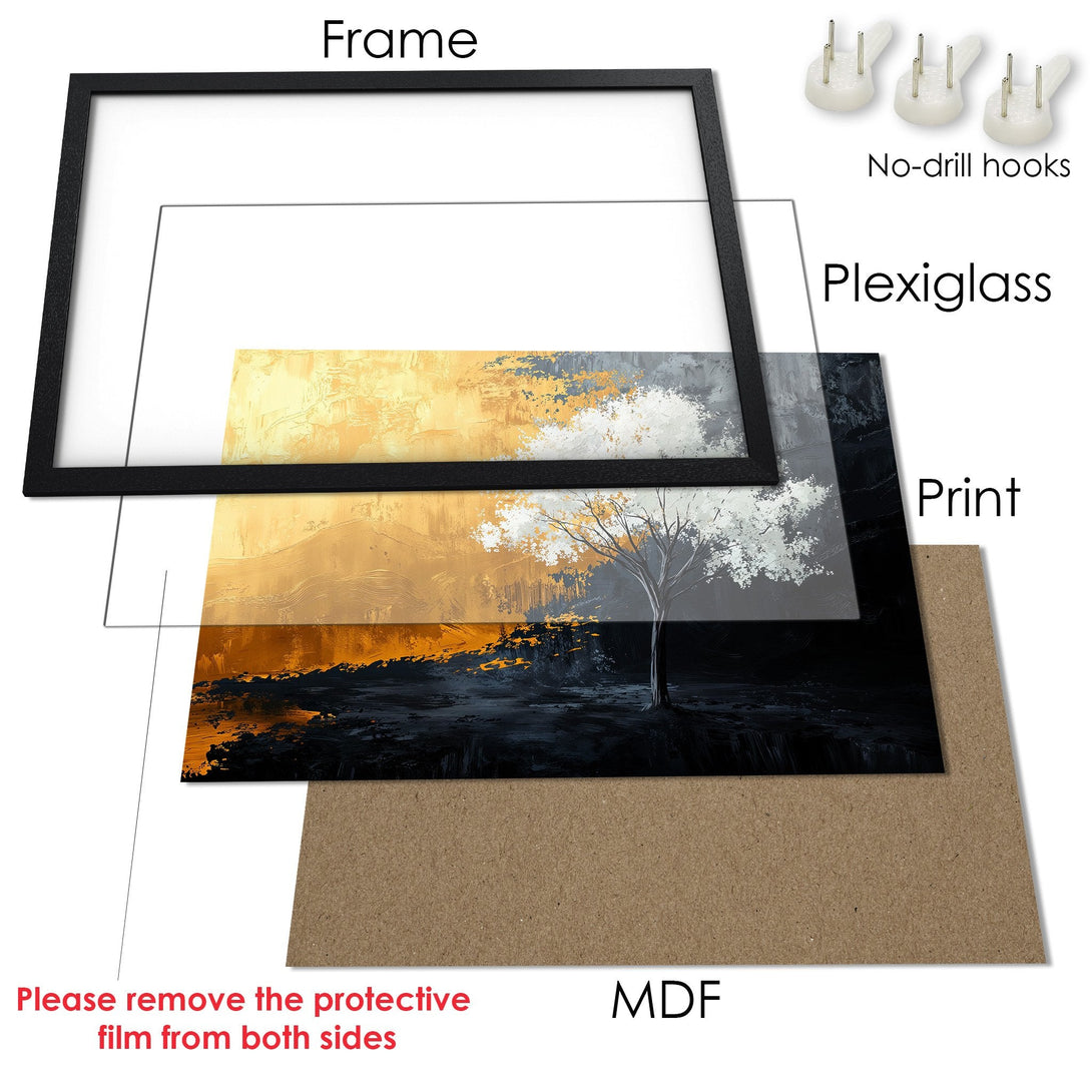 Framed Poster featuring an abstract tree painting. Modern style with gold, gray, and black color palette. Elevate your space with art!