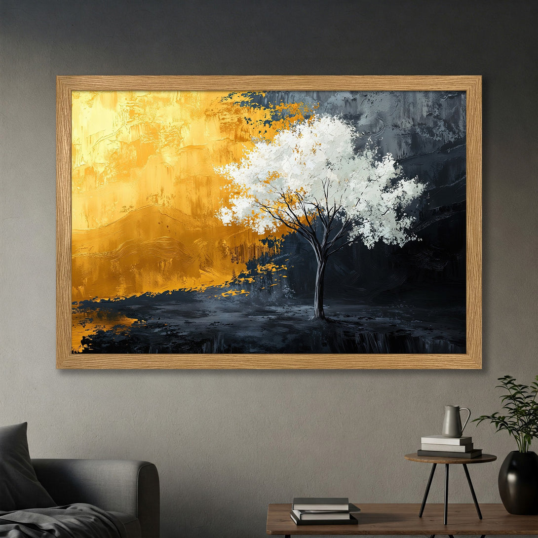 Framed Poster featuring an abstract tree painting with gold, white, and black color palette. Modern art for home decor.