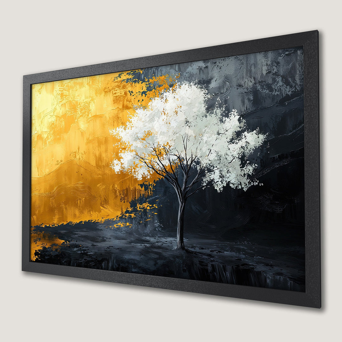 Framed Poster: Abstract tree art with gold, white, and black color palette. Modern decor for your home.