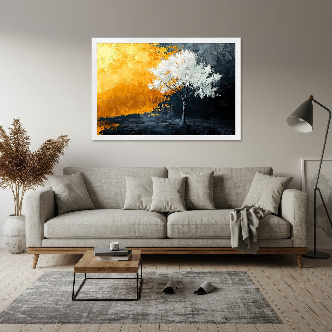 Framed Poster featuring an abstract tree painting with a warm yellow and cool gray color palette. Perfect art for modern home decor.