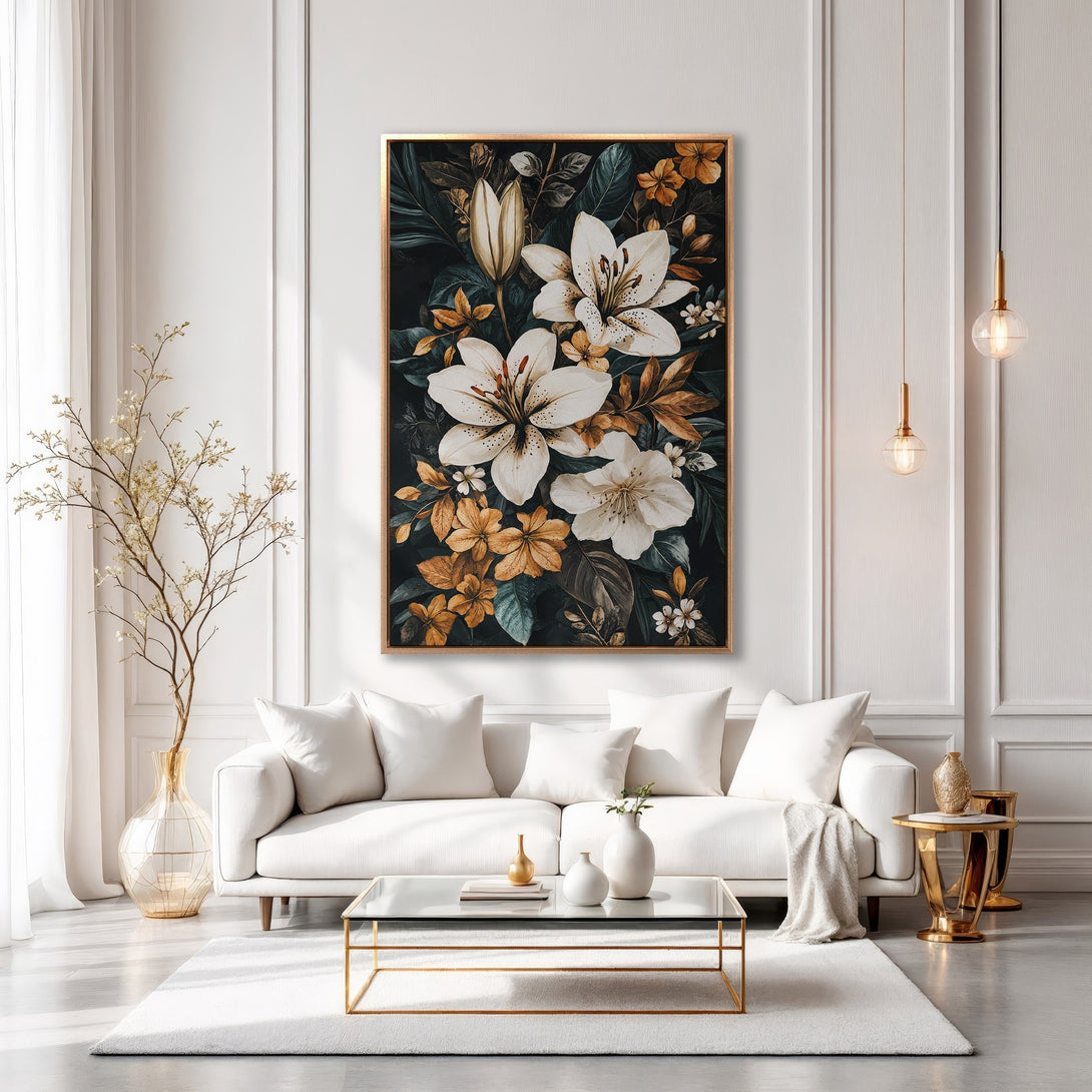 Framed Wall Art featuring elegant white lilies with gold accents, displayed in a modern living room. Sophisticated floral art in a dark, moody palette.