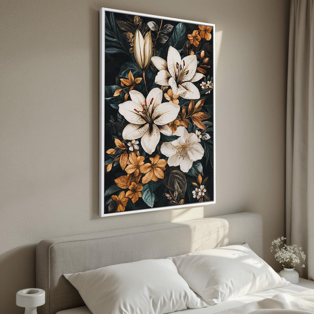 Framed Wall Art featuring elegant white lilies and warm orange florals, a botanical print with a dark, moody background. Perfect bedroom decor!