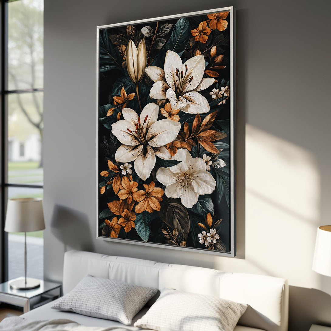Framed Wall Art featuring elegant white lilies and warm orange florals on a dark background. Botanical art in a modern interior, perfect for home decor.