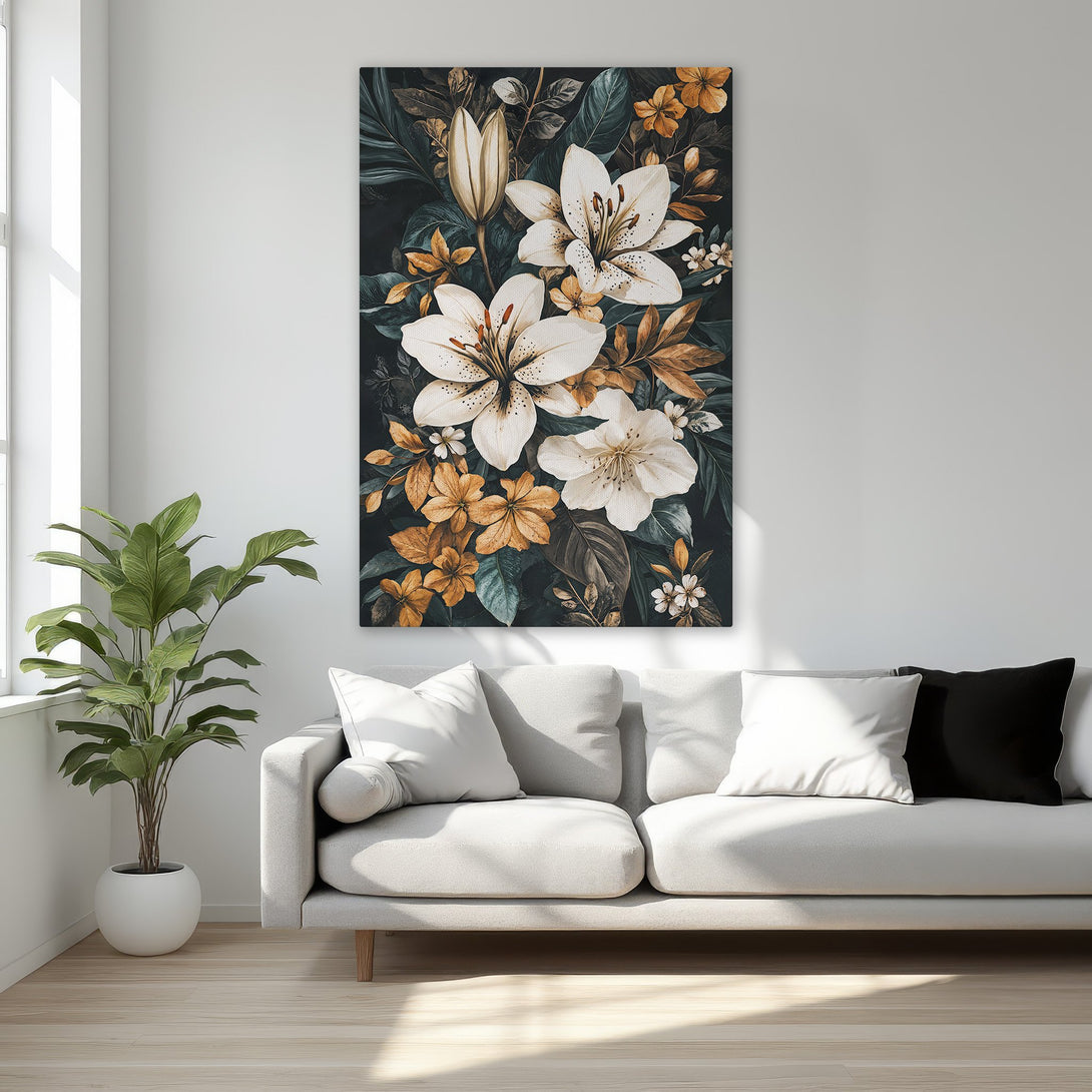 Framed Wall Art: Elegant floral print with white lilies & gold accents. Adds a touch of luxury to any space. Warm, inviting color palette.