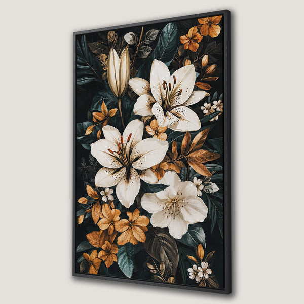 Framed Wall Art featuring a floral botanical print with white lilies and warm gold accents on a dark background. Perfect for adding elegance to any space.