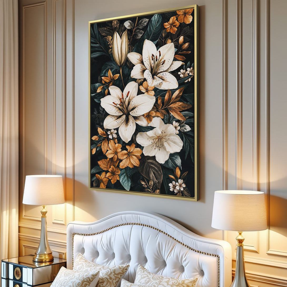Canvas Print featuring elegant white lily floral arrangement, dark moody background, and warm gold accents. Perfect wall art for any interior.
