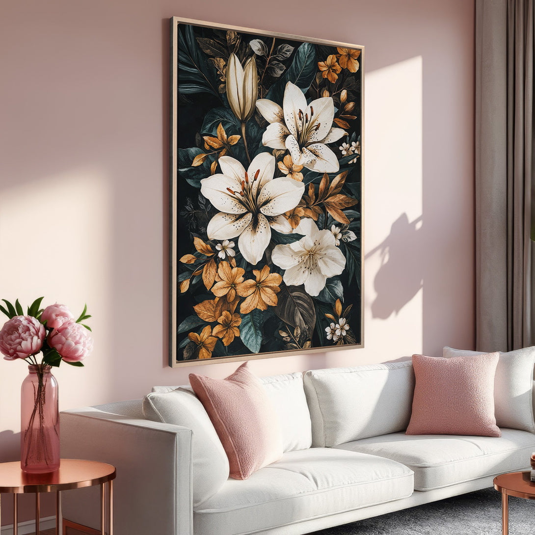 Framed Wall Art: Elegant floral print with white lilies and warm gold tones. Perfect for adding a touch of nature to your living room decor.