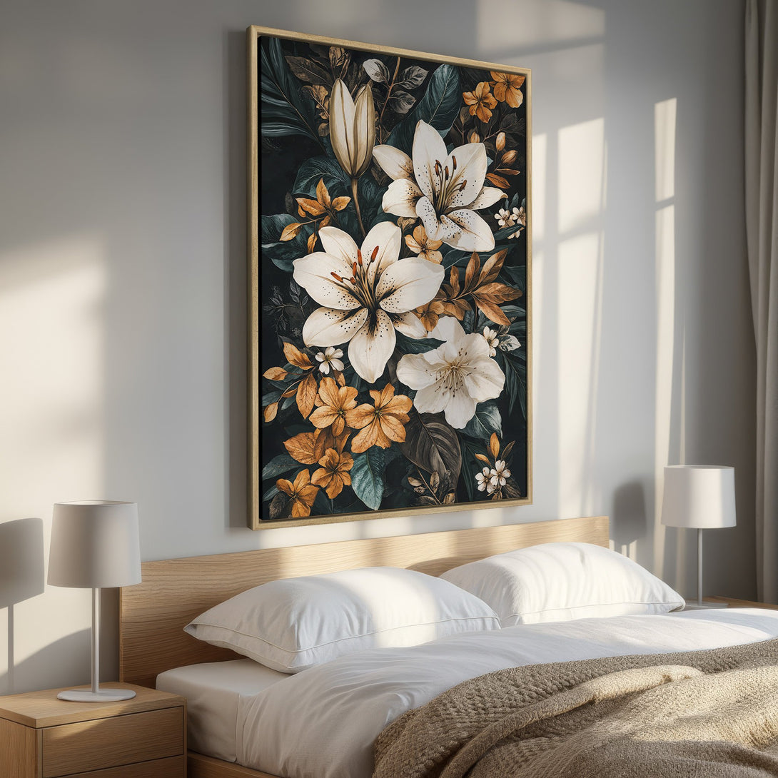Framed Wall Art featuring elegant white lilies and warm, earthy tones. Botanical Canvas Print adds a touch of nature-inspired beauty to any bedroom decor.