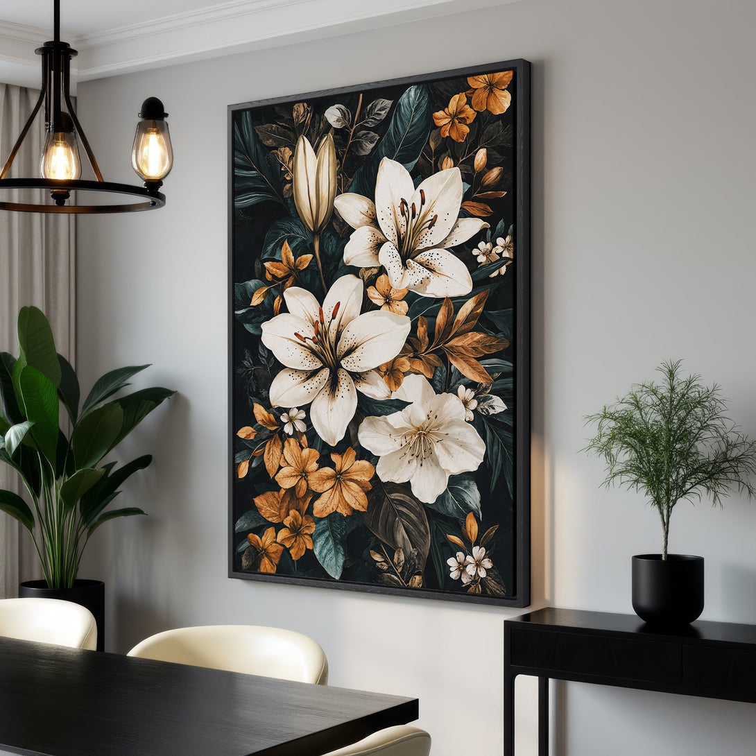 Framed Wall Art featuring elegant white lilies and botanical elements in a dark, moody color palette. Perfect for adding a touch of sophistication to your home.