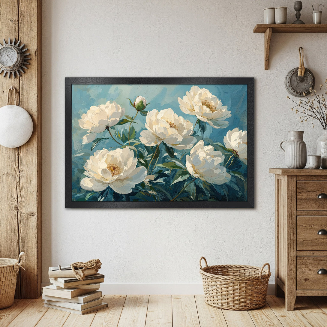 Framed Poster of white peonies on blue background. Artistic style, neutral color palette. Perfect wall decor.