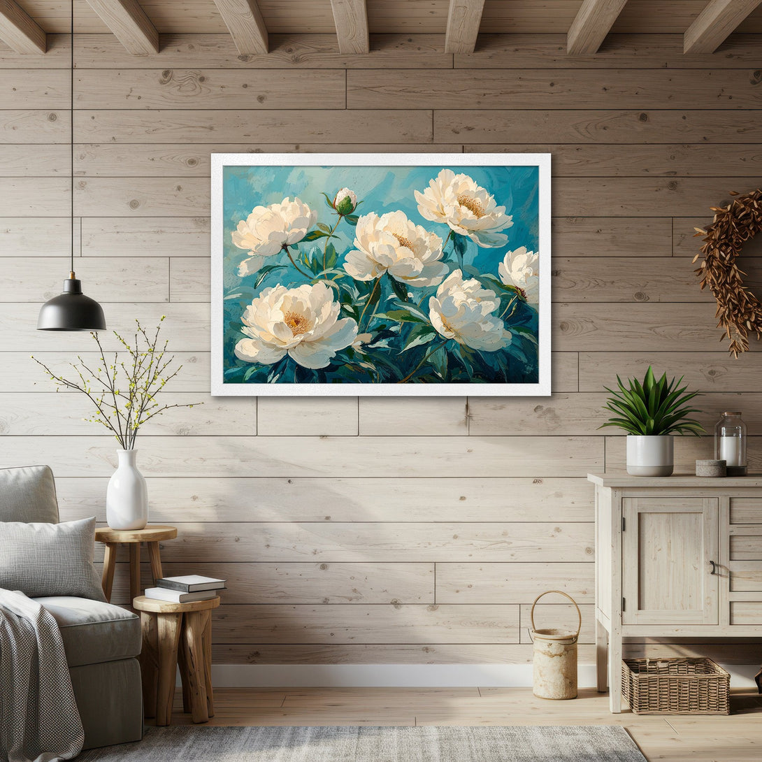 Framed Poster featuring white peony flowers, painted in an impressionistic style with a teal and cream color palette. Perfect wall art!
