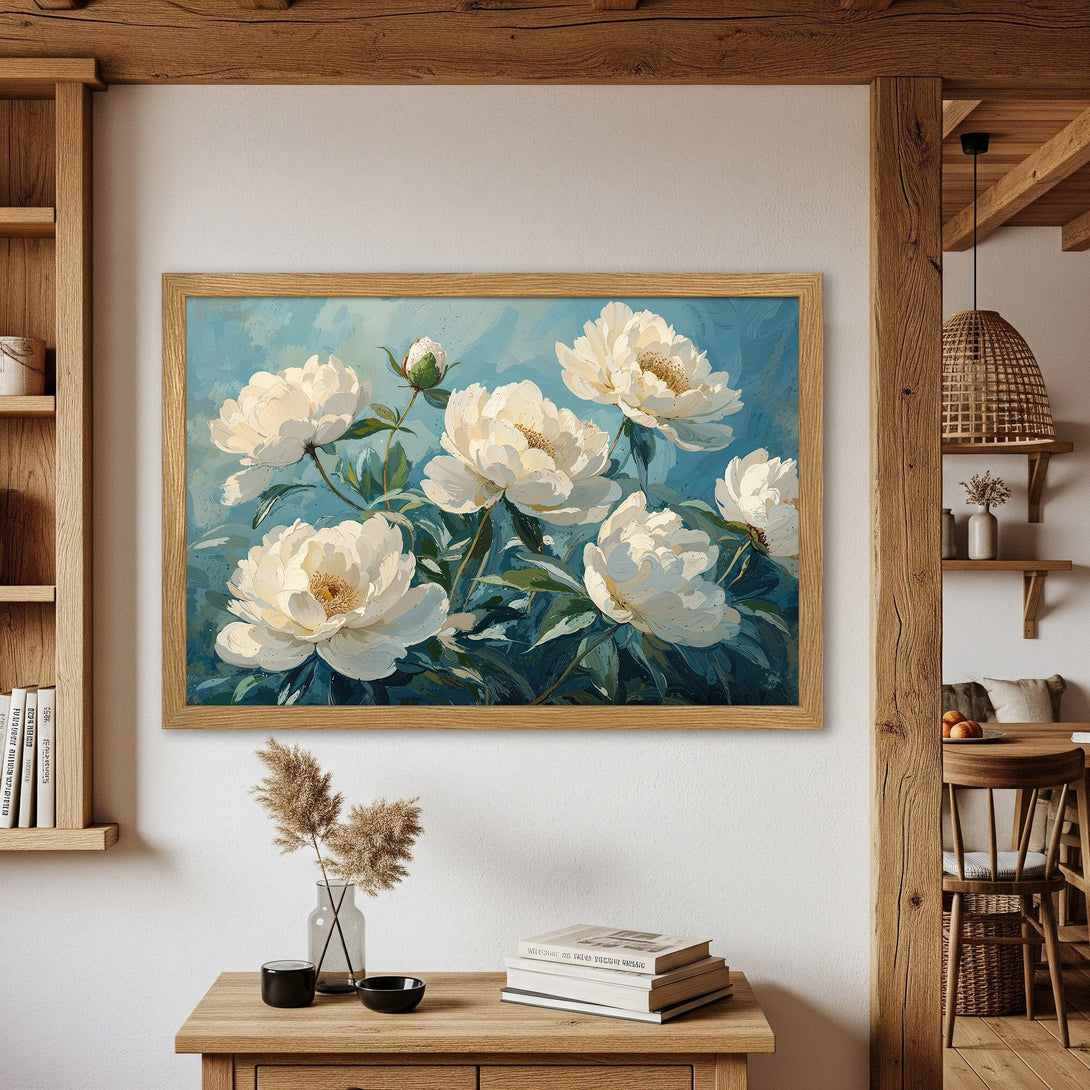 Framed Poster featuring white peony flowers, painted in a soft, impressionistic style with a blue and green color palette. Perfect floral wall art.