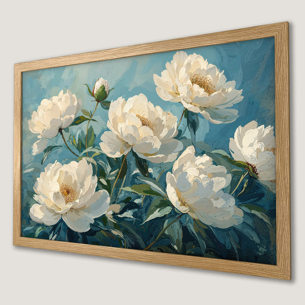 Framed Poster featuring white peony flowers, impressionist style, with a blue and green color palette.