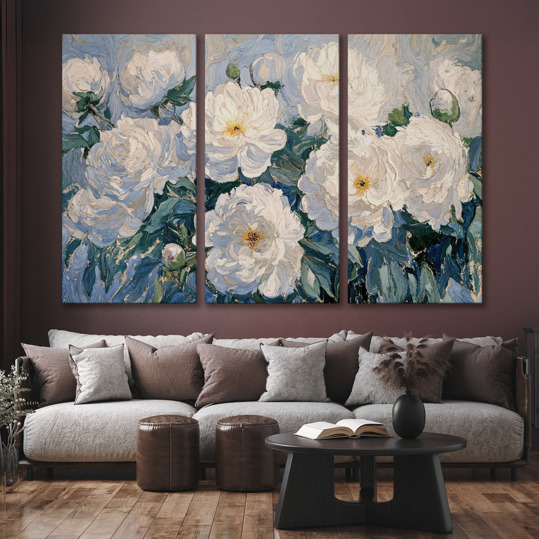 Canvas Print of white peony floral art in a modern, impressionistic style. Features a calming blue, green, and white color palette.