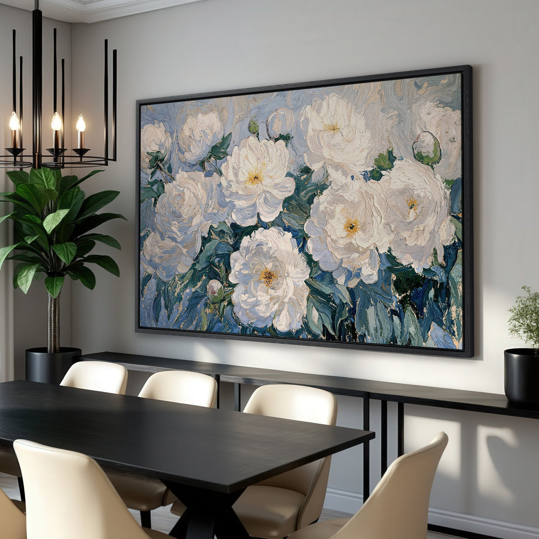 Framed Wall Art: Stunning white peony floral painting in a modern dining room. Blue, green, and cream color palette. Elevate your space with this beautiful Canvas Print.