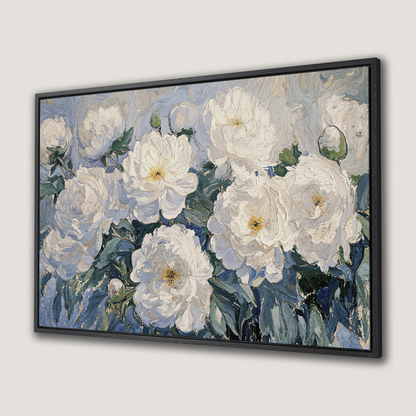 Framed Wall Art: Stunning white peony oil painting with a cool blue and green color palette. Add elegance to your space with this beautiful canvas print.