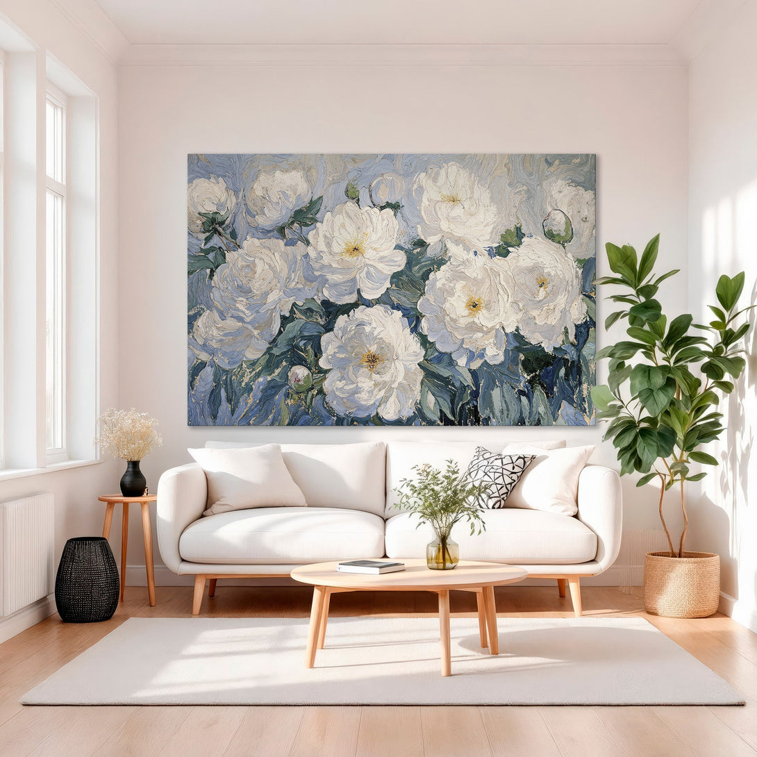 Framed Wall Art featuring white peony flowers in a modern, impressionistic style. Soft blue and green color palette. Perfect for living room decor.