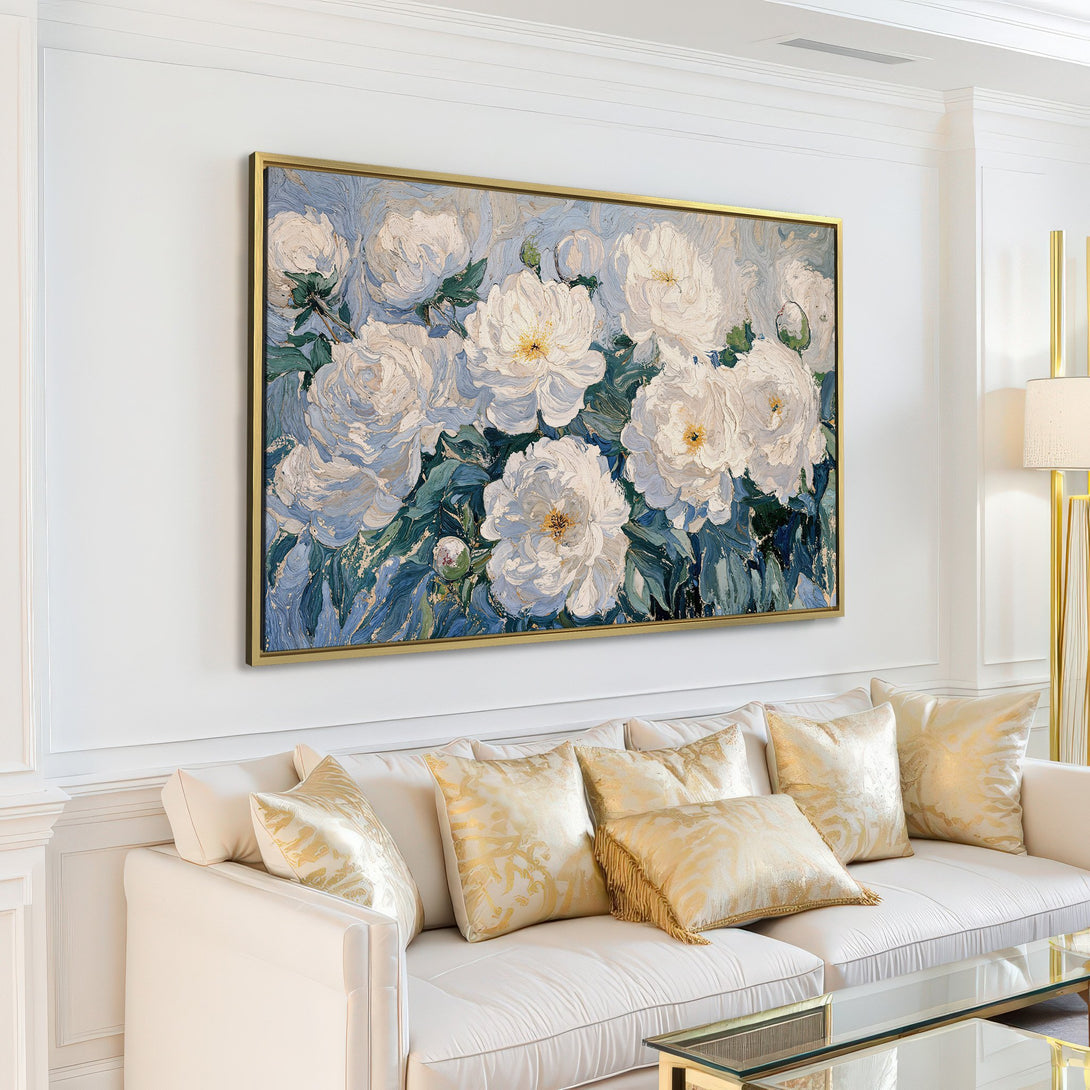 Canvas Print of white peony flowers in a soft, impressionistic style. Blue and white color palette creates a serene and elegant atmosphere.