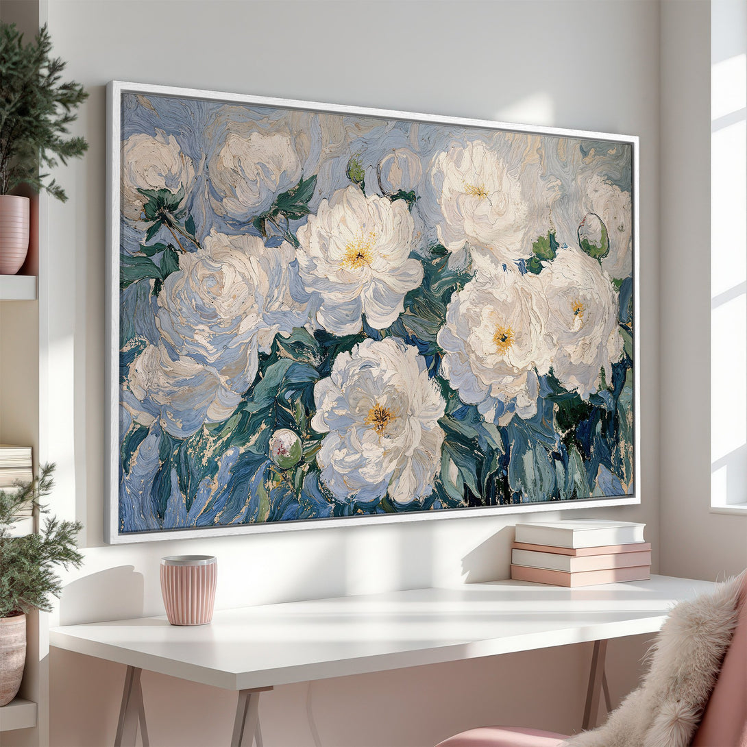 Framed Wall Art: Stunning impressionist Canvas Print of white peonies with blue and green accents. Elevate your space with this elegant floral artwork.