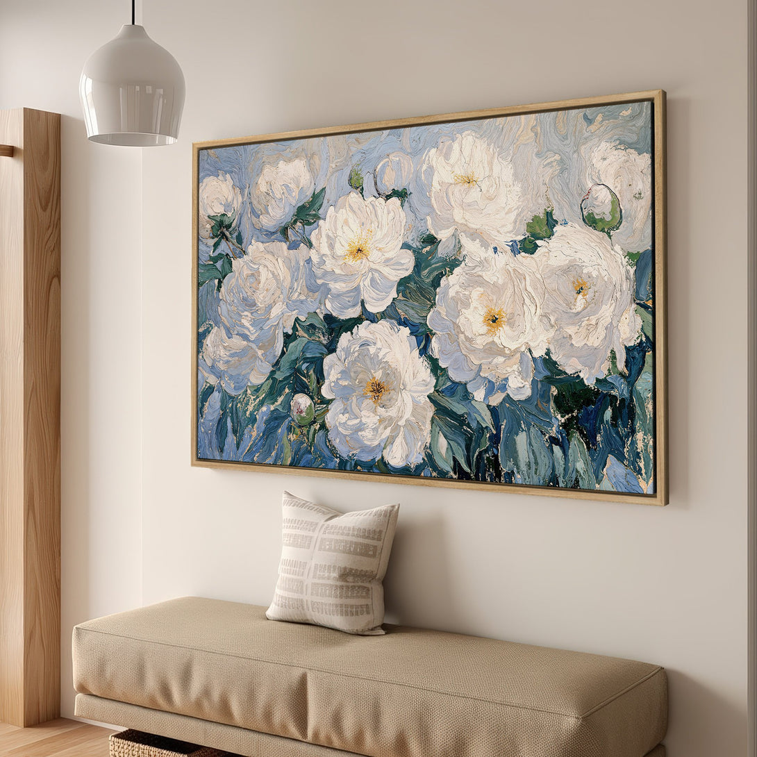 Framed Wall Art featuring a floral painting of white peonies with blue and green accents. Impressionistic style canvas print perfect for home decor.