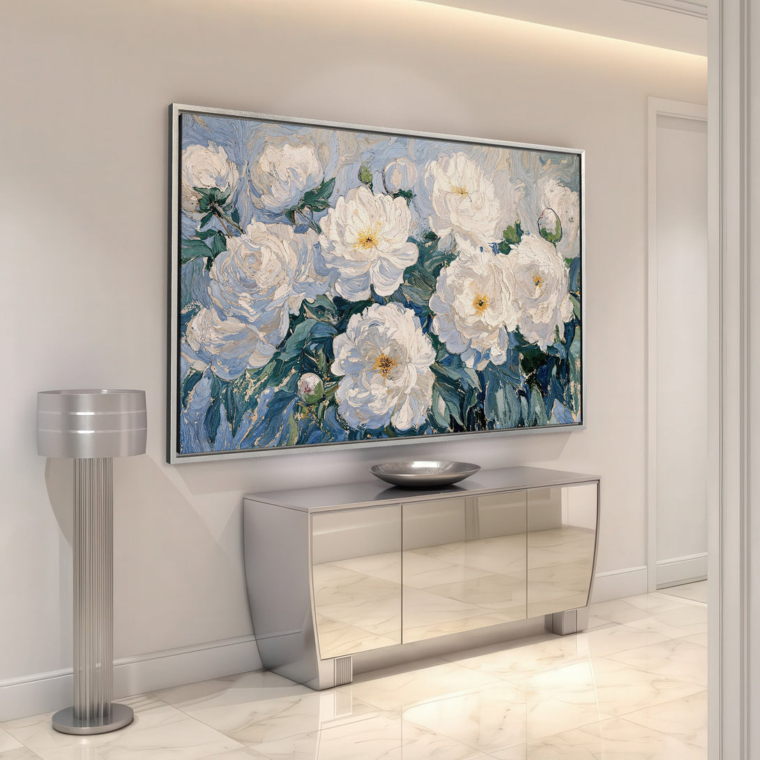 Framed Wall Art featuring a floral painting with white peonies, blue and green accents. Perfect for adding a touch of elegance to your home decor.