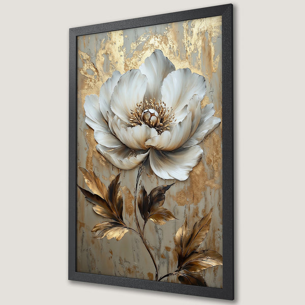 Framed Poster featuring a white peony with gold accents, in an elegant, textured style. Neutral and gold color palette.