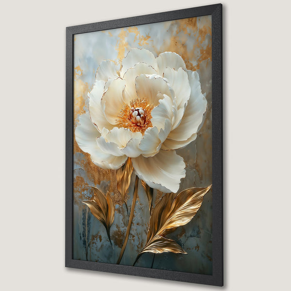 Framed Poster featuring a white peony with gold accents, on a teal and gold abstract background. Elegant floral art.