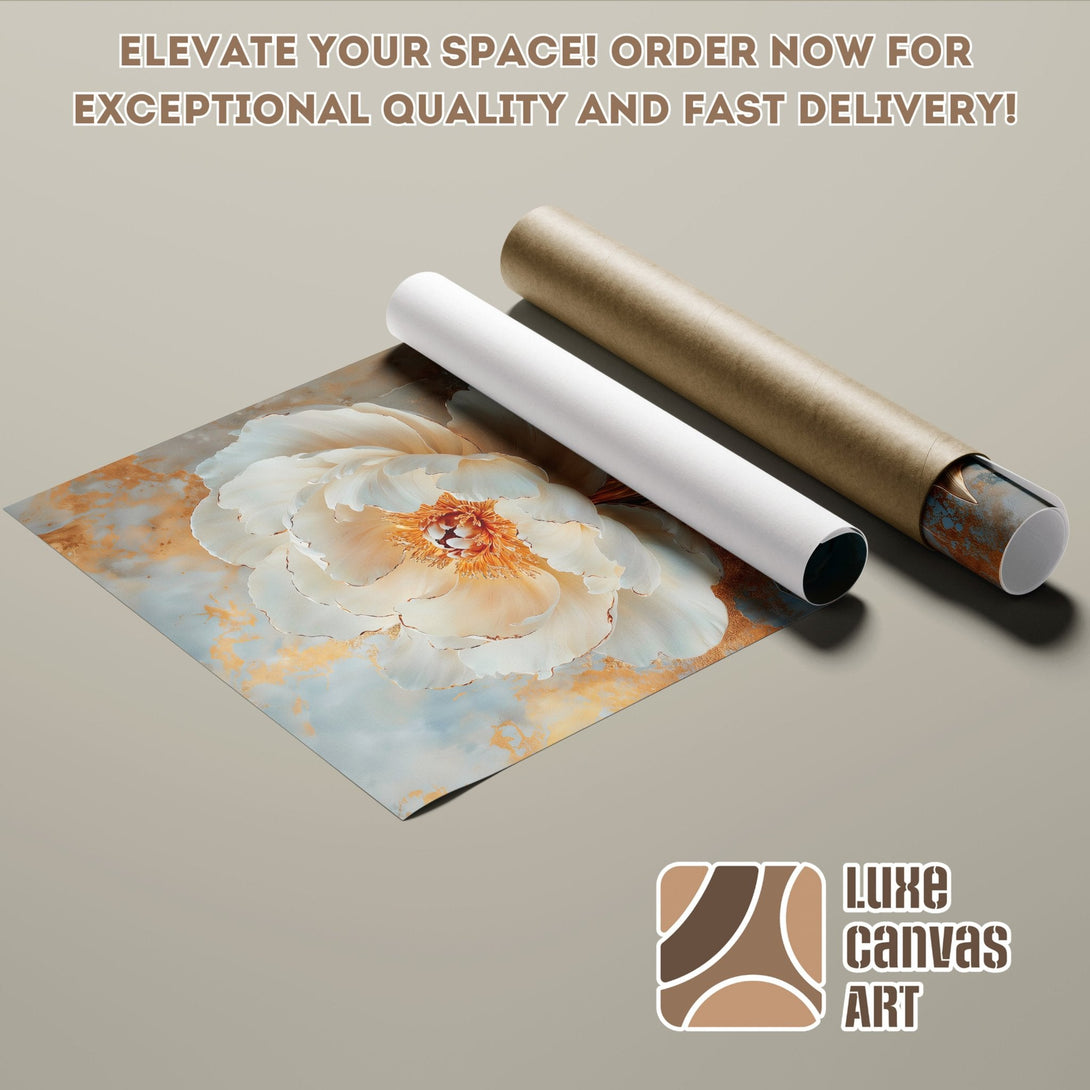 Floral Poster Roll art featuring a white peony with gold accents. Soft, neutral color palette.