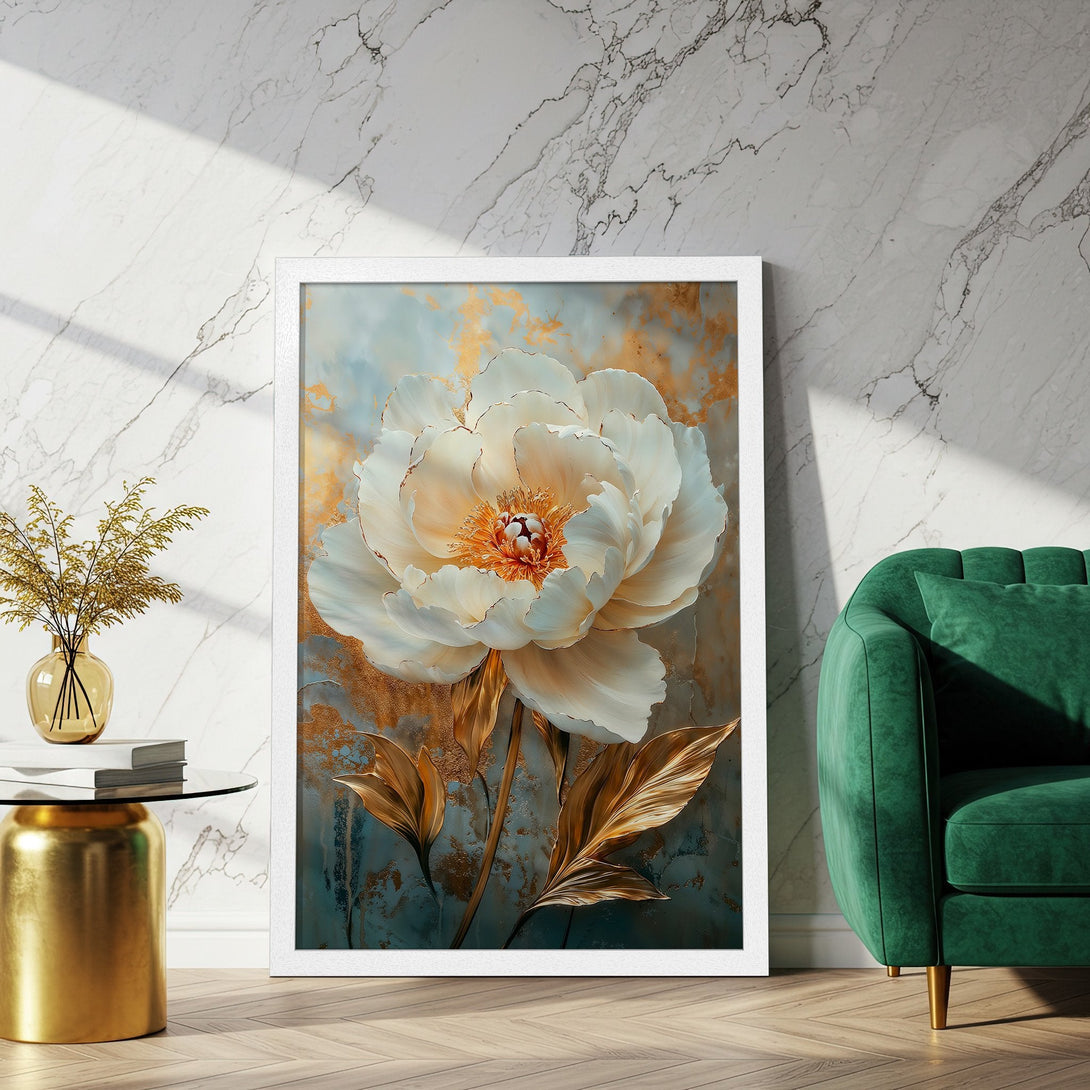 Framed Poster featuring a large white peony flower, gold accents, and teal background. Elegant art print in a modern style.