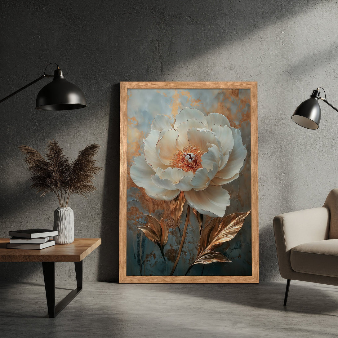 Framed Poster featuring a large, elegant white flower with gold accents. Modern art style with a muted blue and gold color palette. Perfect wall decor.