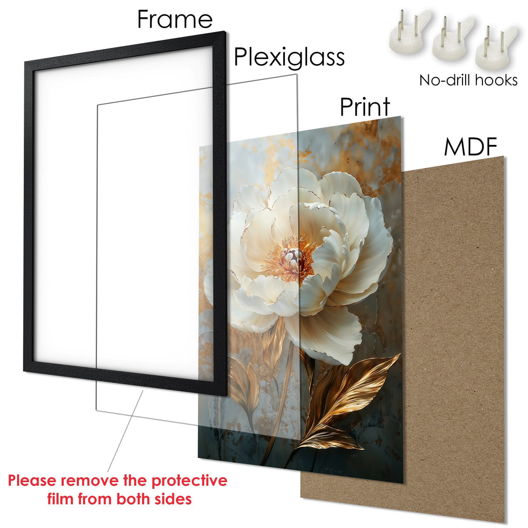 Framed Poster featuring a white floral design with gold accents on a moody background. Elegant art print in a black frame.