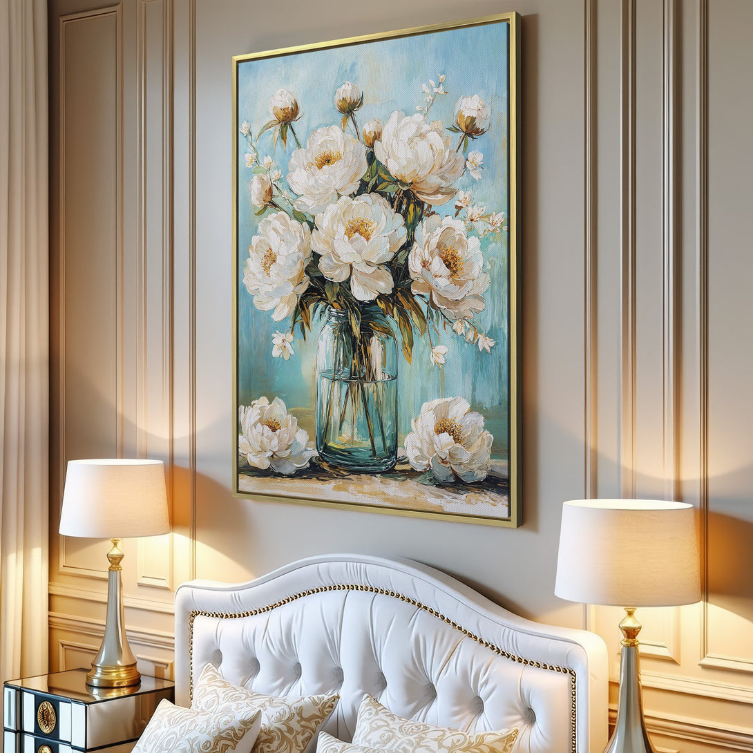 Canvas Print of white peony floral art in a modern living room. Soft blue and white color palette, perfect for adding a touch of elegance.