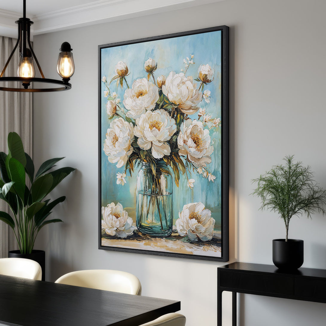 Framed Wall Art featuring a floral still life with white peonies in a vase. Beautiful oil painting style in a calming blue and neutral color palette.
