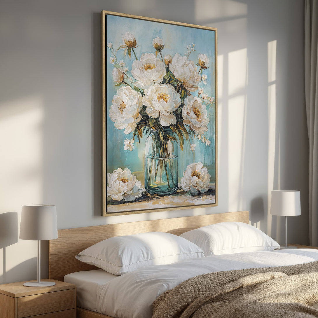 Framed Wall Art featuring a floral still life in a bedroom. Soft, Impressionistic style with a blue, white, and gold color palette. Perfect for home decor.
