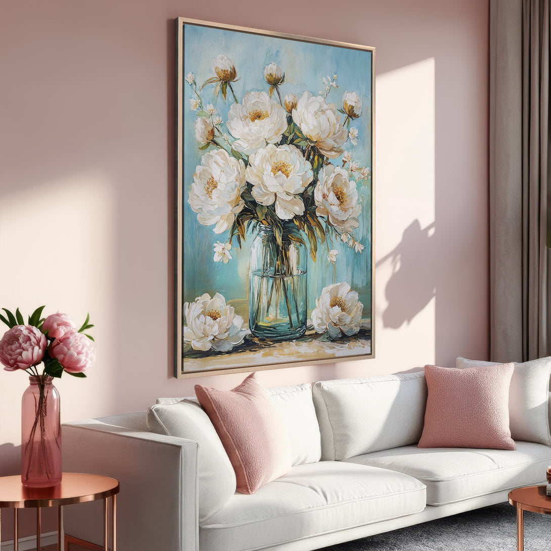 Framed Wall Art: Elegant floral painting in soft white and blue tones. Perfect for adding a touch of sophistication to your living room decor.