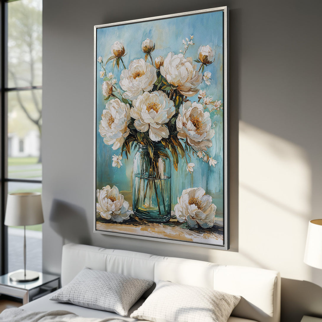 Framed Wall Art featuring a stunning floral still life of white peonies. Impressionistic style with a soft blue and cream color palette, perfect for any interior.