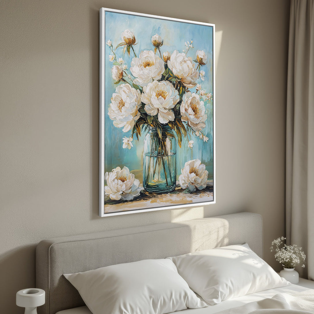 Framed Wall Art featuring a floral painting of white peonies in a vase. Soft, pastel blue and neutral color palette, perfect for bedroom decor.