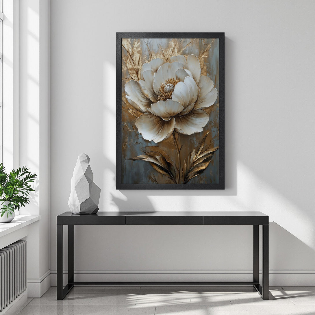Framed Poster of a white flower with gold accents. Elegant art in neutral tones for modern home decor.