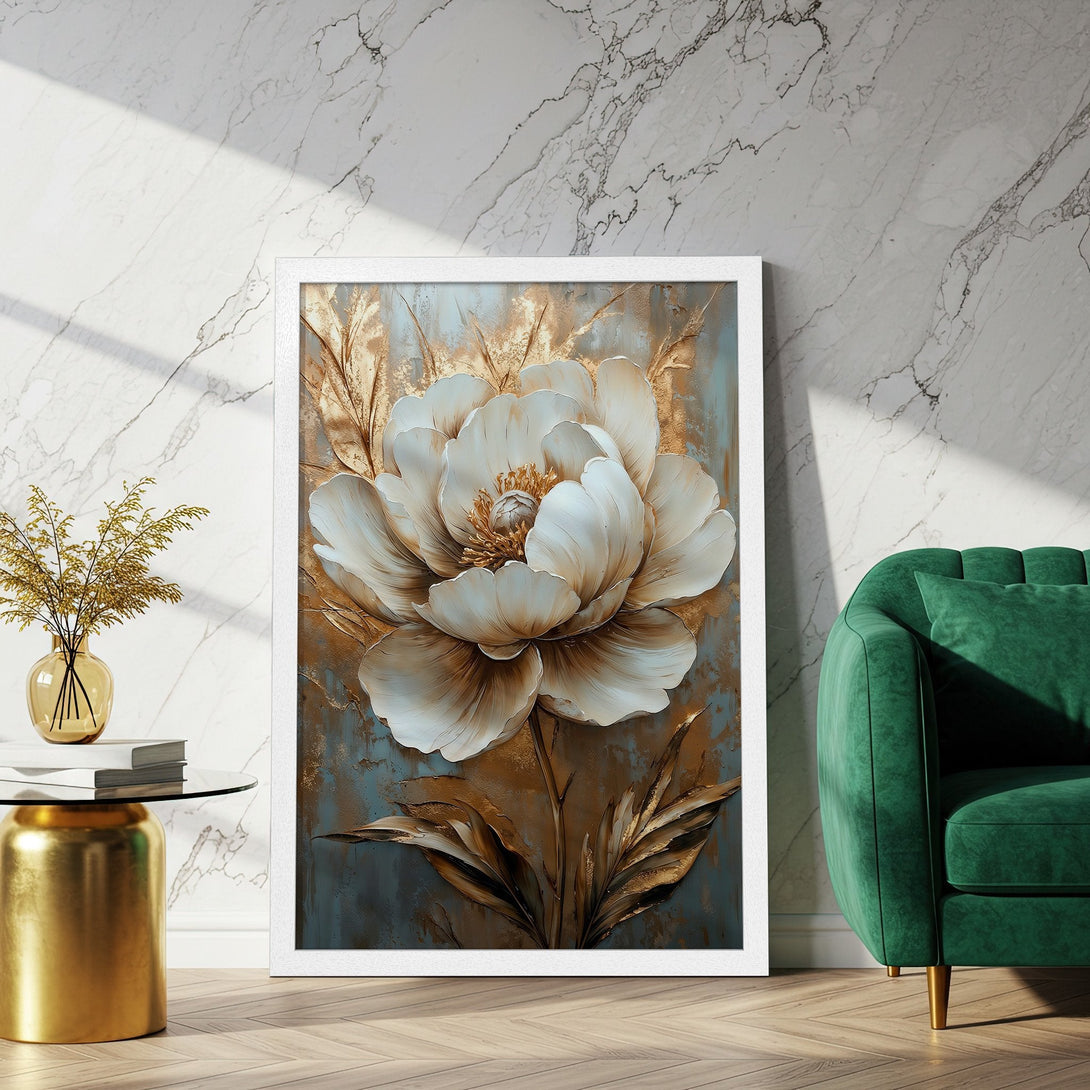 Framed Poster featuring a white and gold floral design. Elegant art print with a teal and gold color palette, perfect for home decor.