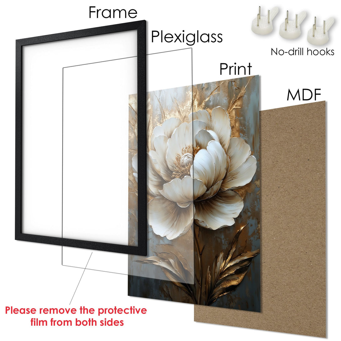 Framed Poster featuring a floral artwork. Elegant style with a neutral, gold, and blue color palette. Perfect wall art for any space.