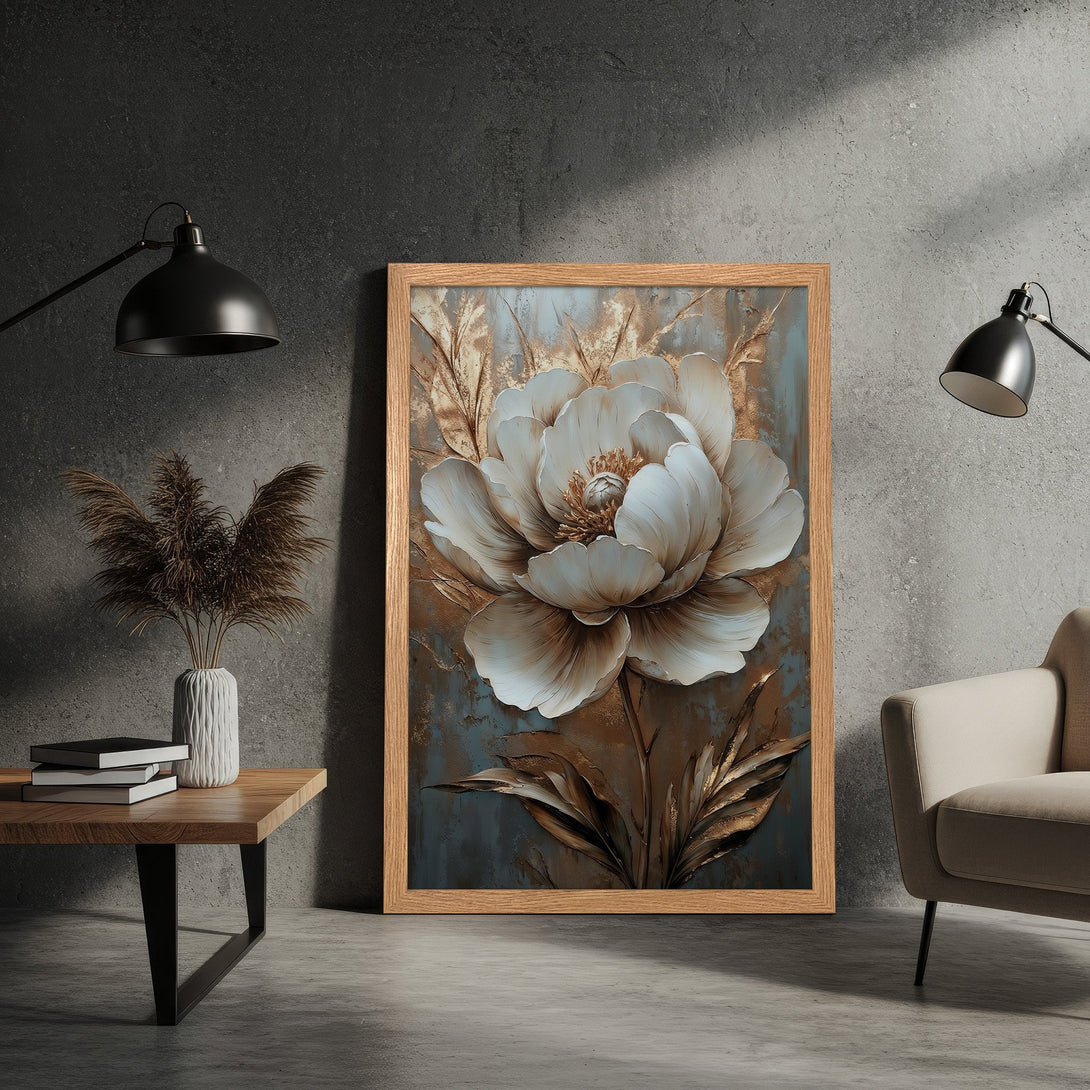 Framed Poster featuring a large, textured white flower artwork. Neutral color palette with gold and blue accents, modern and elegant.