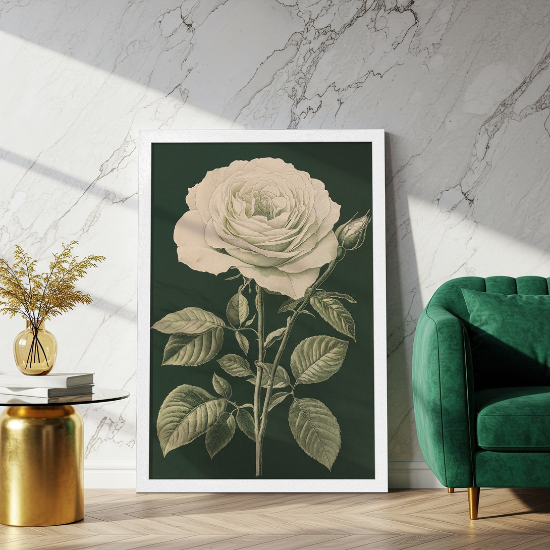 Framed Poster featuring a botanical rose illustration in vintage style. Elegant decor with a green and neutral color palette.