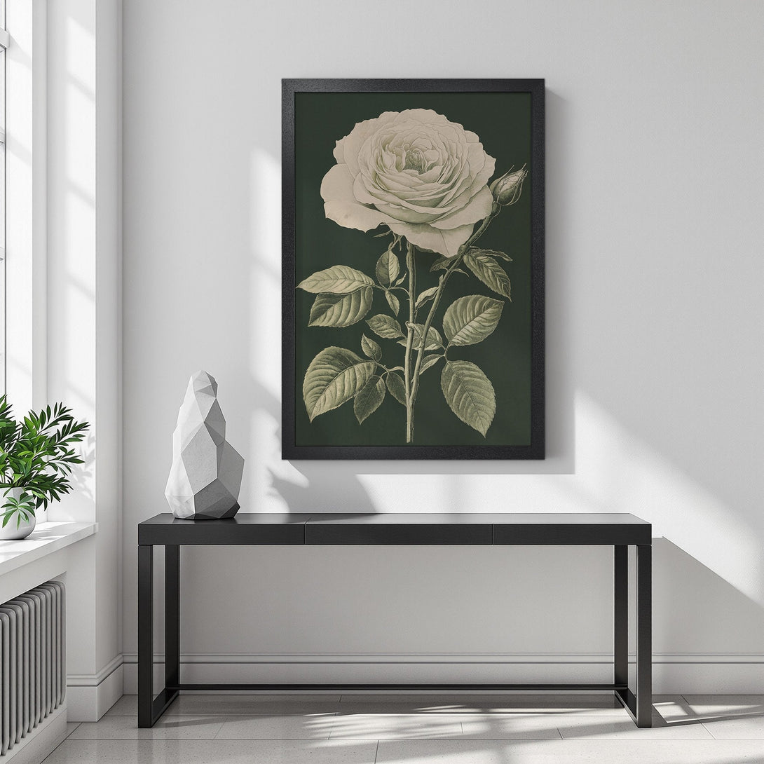 Framed Poster featuring a botanical illustration of a rose in a vintage style, with a green and cream color palette. Perfect wall art!