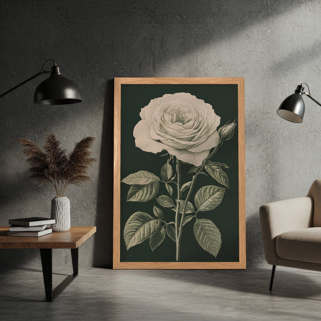 Framed Poster featuring a botanical illustration of a rose. Elegant vintage style with a muted green and neutral color palette. Perfect wall art.