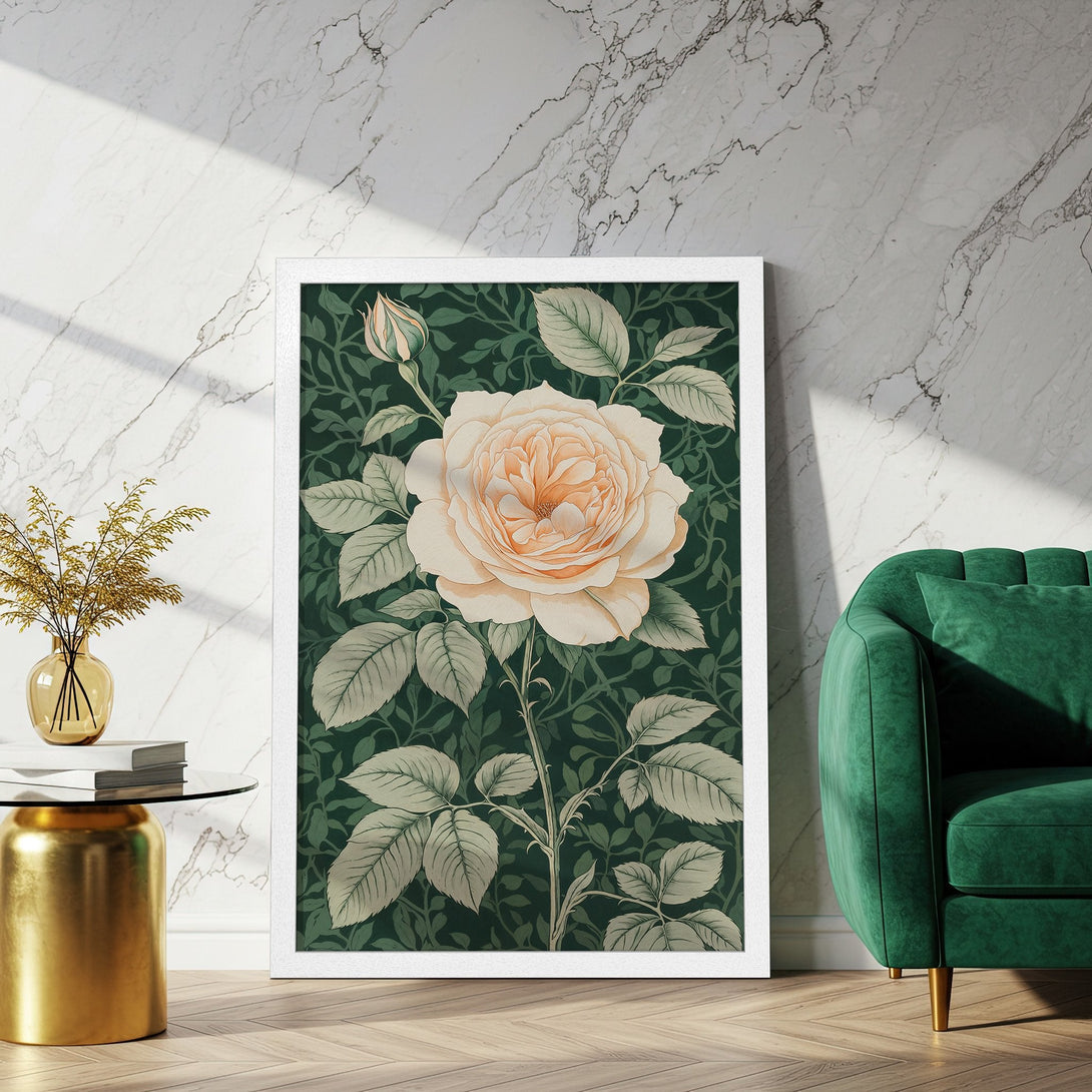 Framed Poster featuring a vintage rose illustration. Earthy tones with a green and cream color palette. Perfect wall art for your home!